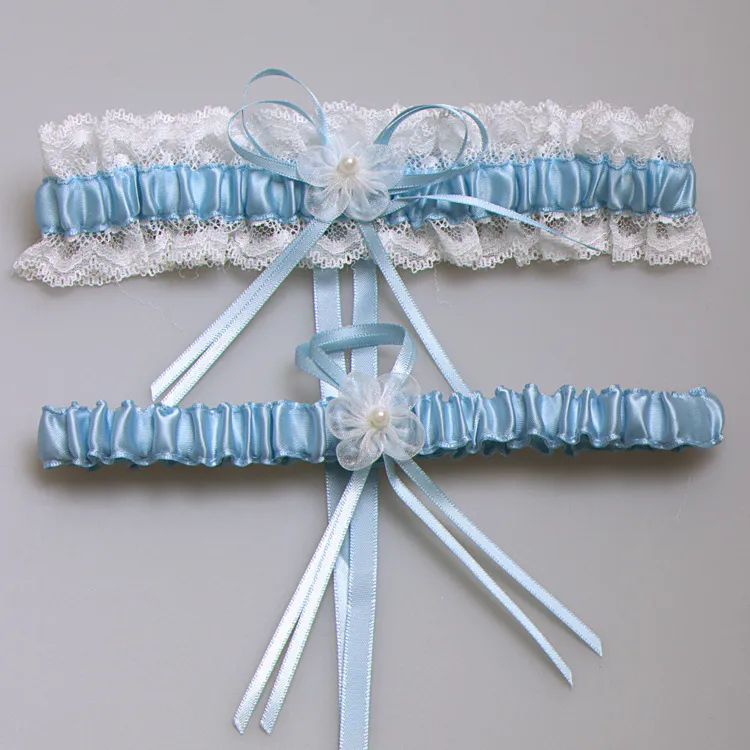 Bruidskouseband Set Hot Koop 2-delige Bruiloft Garters in Bourgondië Roze Sky Blue Navy Blauwe Kleuren Satijn Kantelband met Parels Bloemen