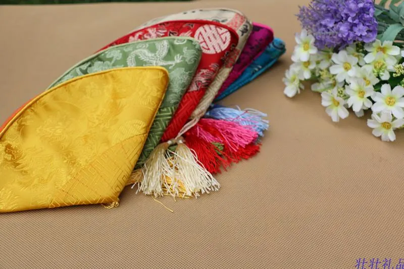 Tassel Fan Shaped Coin Purse Bag Zipper Chinese Silk Brocade Jewelry Makeup Storage Bag Bracelet Necklace Pouch Wedding Party Favor 