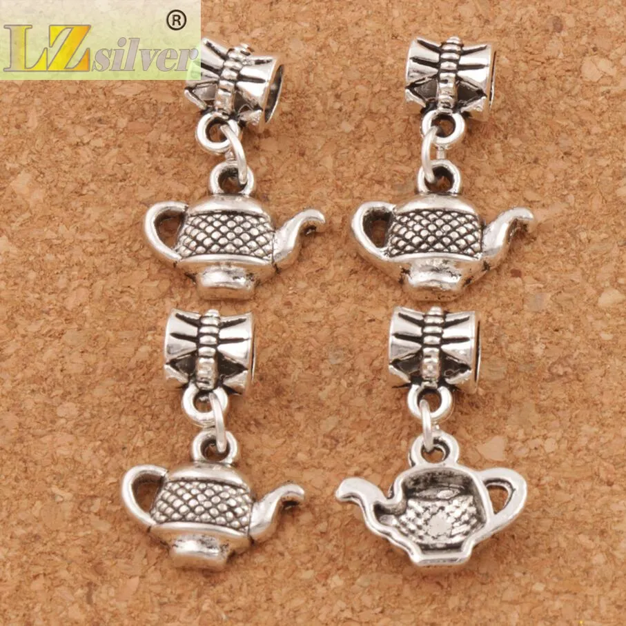 Tea Pot Big Hole Pärlor 100st / 23.2X15.3mm Antik Silver Dangle Passform Europeiska Charm Armband Smycken DIY B405