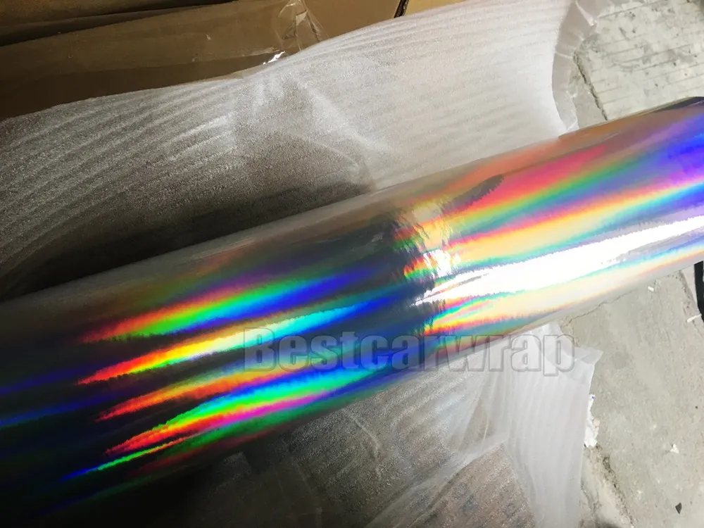 Chrome Holographic Silver Vinyl Sticker Air Release Rainbow Car Wrap Folion Film Sign Mark Teken Hologram Maat: 1,52 * 20m / Roll