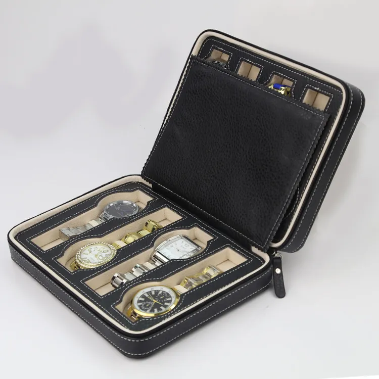 Mode Sport Luxe Noir Zippered Sport Boîte de montre en cuir pour 8 montres Portable Travel Watch Boxes Storage Collect Jewelry Box 300n