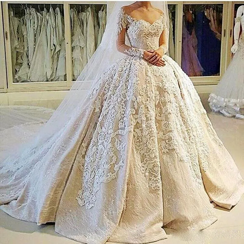 USA Canada Vintage Ball Gown Wedding Dresses 2k17 Illusion Neckline Sheer 3D Appliques Long Sleeves Wedding Dress Customized Bridal Gowns