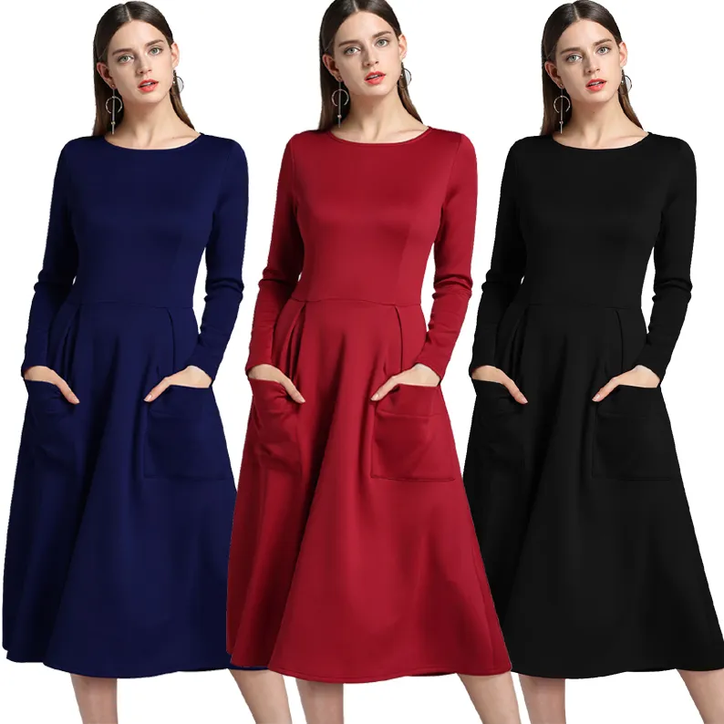 Jesień i zima Maxi Sukienki Kobiety Ubrania Dorywczo Plus Size Sukienka Damska Długi Sleeveed Zipper Kieszonkowe Długie Suknie Dla Kobiet