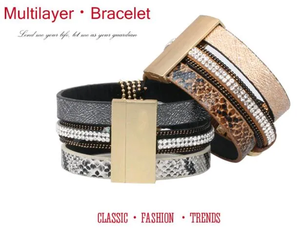 Fashion Trends Multilayer Leather Bracelet Magnetic Clasp Black Brown Alloy Gems stone Bangles Jewelry High Quality