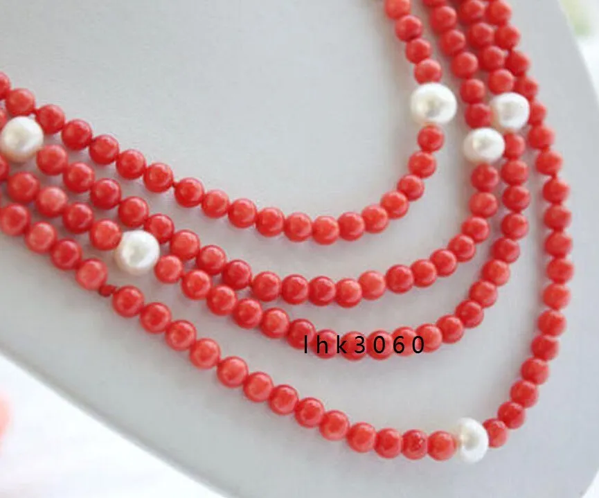 100 inch new design long natural 7mm red coral 9-10mm white pearl necklace