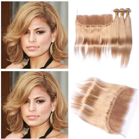 Peruansk # 27 Honey Blonde Human Hair Weaves With Frontal Light Brown Silky Rak 13x4 Full Lace Frontal med 3 buntar förlängningar