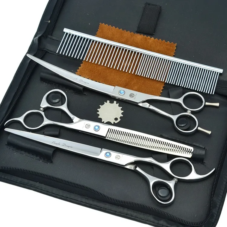 8 0Inch Paarse Draak Pet Grooming Schaar Set JP440C Professionele Hond Schaar Haar Knippen Rechte Gebogen Nagelschaar 250j