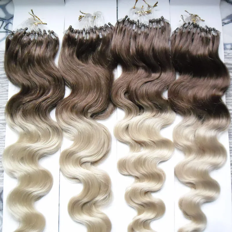 Ombre Brazilian Hair Body Wave Micro Loop Ring Hårförlängningar 400g 1g / s 400s T4 / 613 Ombre Human Hair Extension Micro Ring Extensions