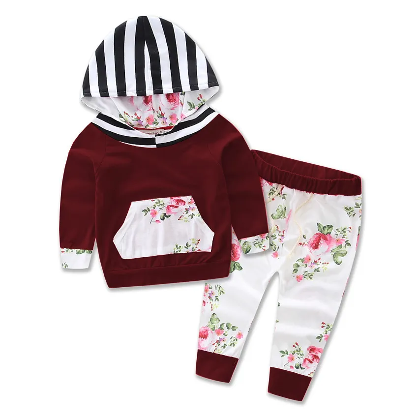 gestreifter Druck zweiteiliges Säuglingskleidungsset Kinder Winterkleidung Kapuzen- und Hosenanzüge Mädchen Jungen Babykleidung Blumenmädchen 893