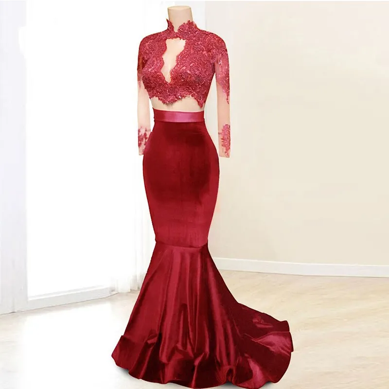 Fashion Velvet Purple Black Prom Dress 2018 Mermaid Long Cheap Designer High Neck Long Sleeves Applique Sequin Beaded Dresses Evening Party