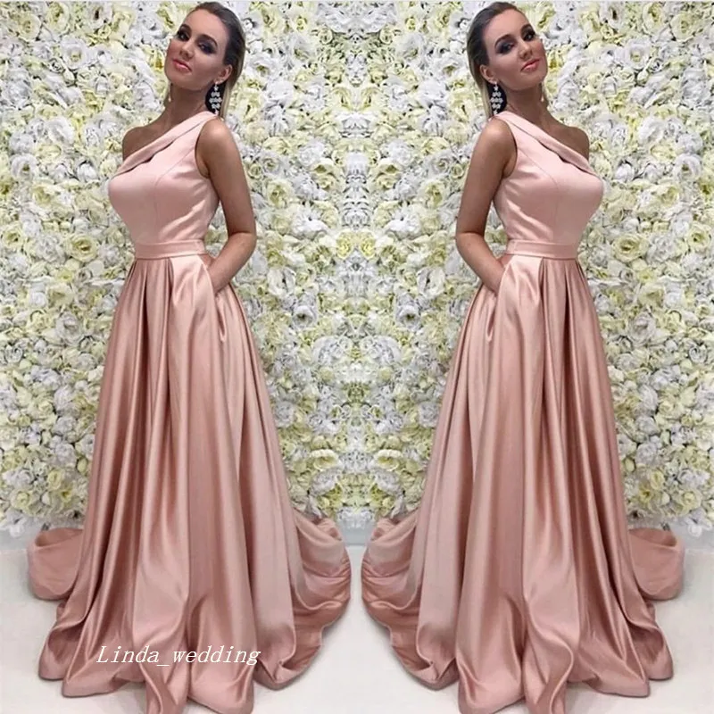 A Line Pink Long Evening Dress One Shoulder Satin Formal Prom Party Event Gown Plus Size Custom Made