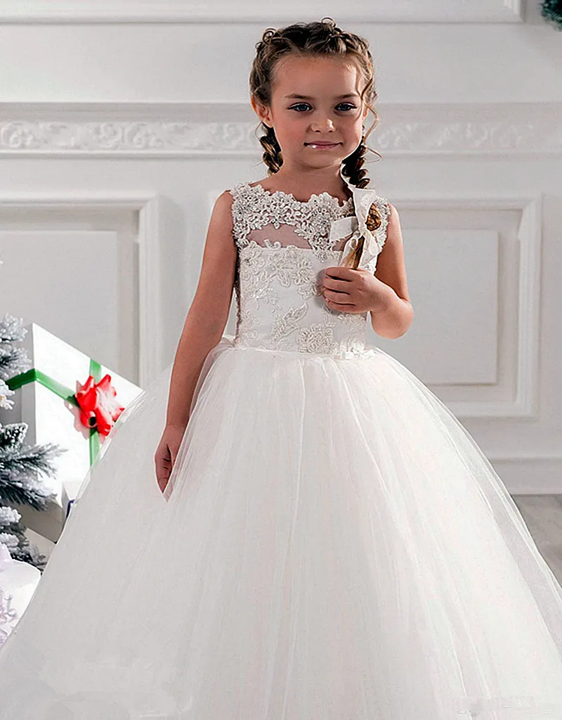 Ucuz Çiçek Kız Elbise Tül Dantel Üst Spagetti Örgün Çocuklar Parti Ücretsiz Kargo Toddler Törenlerinde Giymek