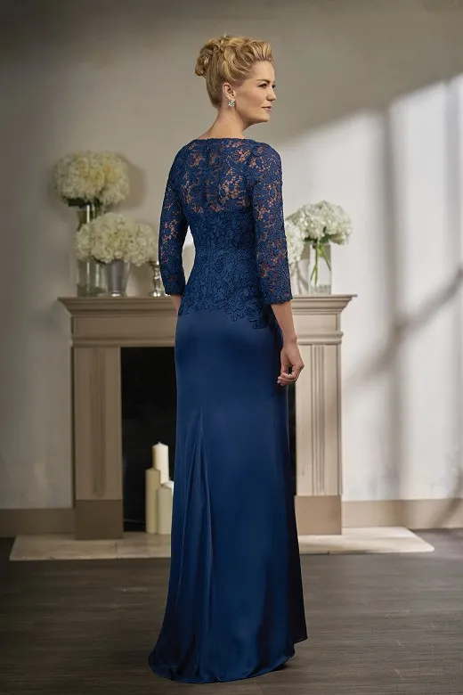 Abiti la madre della sposa in pizzo blu navy con maniche lunghe, collo gioiello, abito da sposa, lunghezza del pavimento, abiti da sposo la madre