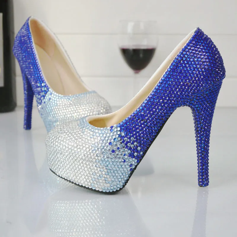 Новый дизайнер Handmade Rhinestone Свадебная обувь Синяя с серебряной Кристаллической свадебной обуви Платформа Великолепные насосы для вечеринок выпускного вечера