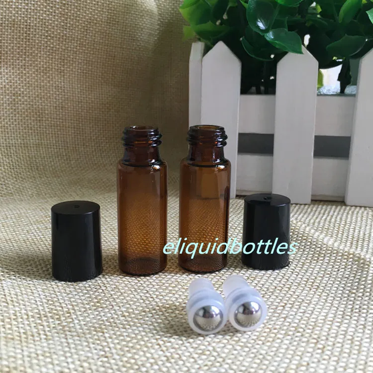 Envío gratuito de DHL 5 ml Botella enrollable con rodillo de vidrio ámbar Tapa negra Botellas de vidrio vacías marrones de 5 ML con bola de acero inoxidable de vidrio