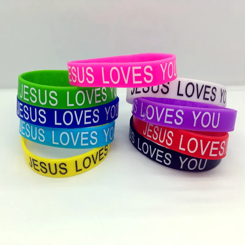 Hela 100st-parti-bogseringsstil Multi-färg Jesus älskar hjärtkilikonarmband manschett armband för man kvinnor247u