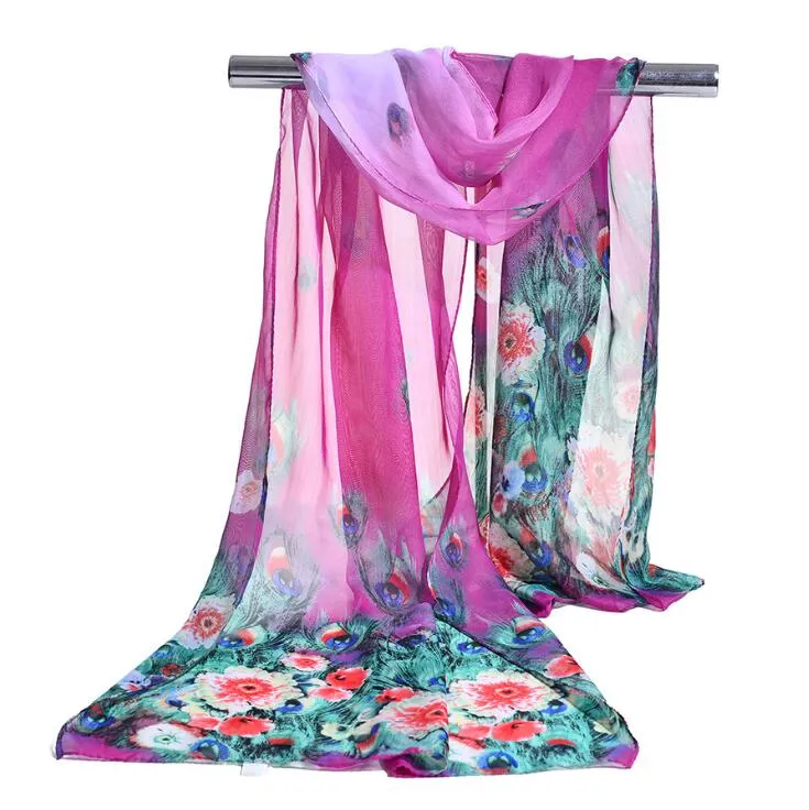 Fabriek groothandel zijde chiffon sjaal lange vrouw sjaal zomer pashminas voor vrouwen floral pauw print sjaals 160 * 50 cm DHL gratis