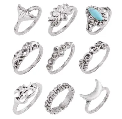 Retro Womens Joint Knuckle Nail Ring Set Turquoise Embellished Lotus Moon Stack Rings  Knuckle Midi Mid Finger Tip Stacking Ri