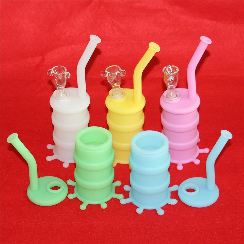 luminous silicone bong silicone water pipe glow in dark silicone oil rig with glass downstem and glass bowl