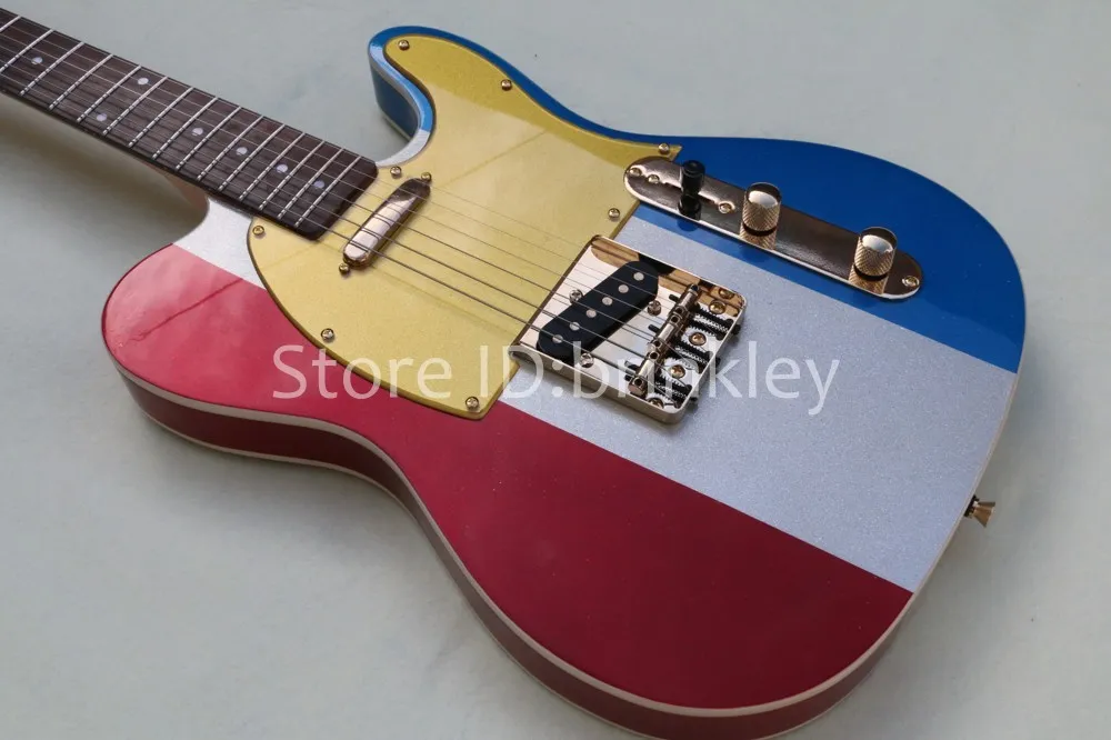 Nieuwe aankomst fabriek aangepaste fonkeling metalen gitaar 6 string gitaar drie-kleuren gitaar elektrische gratis verzending
