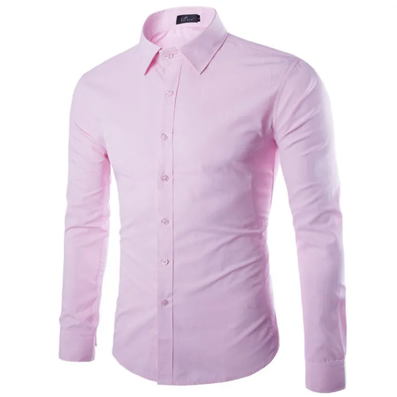 Wholesale-  Pink Shirt Men Chemise Homme Fashion Design Long Sleeve Slim Fit Business Mens Dress Shirts Causal Solid Color Mens Shirts