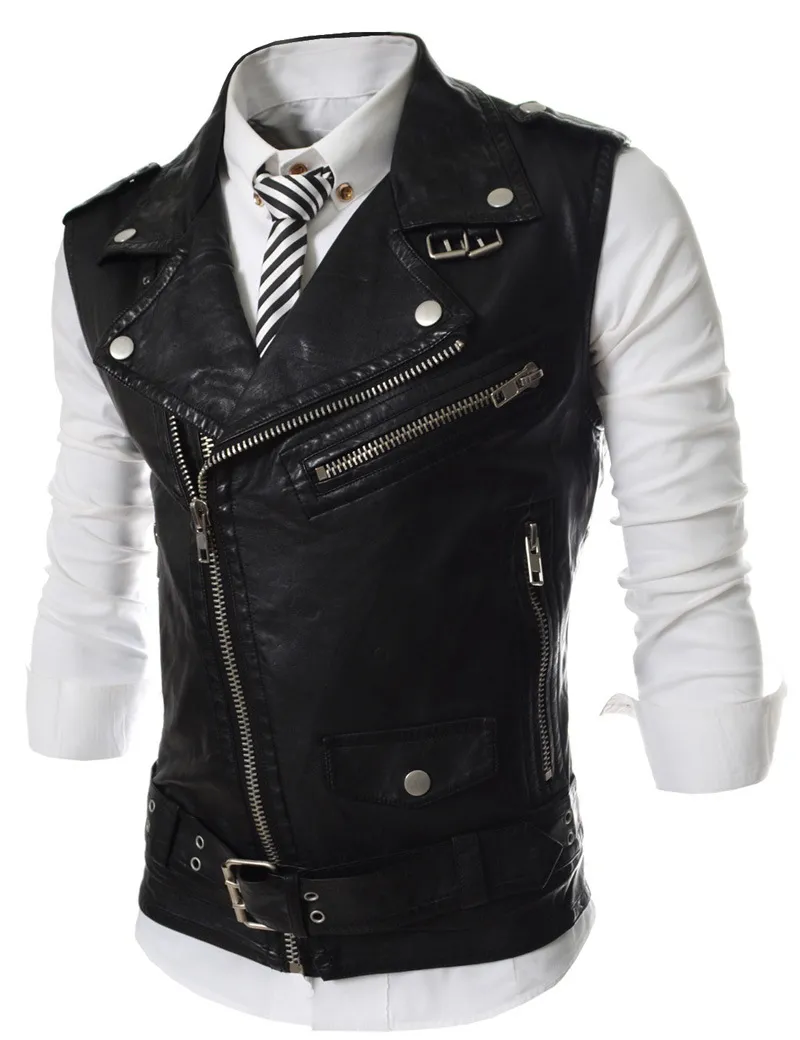 Gilet da uomo All'ingrosso - Gilet da motociclista in pelle Gilet da uomo in pelle nera Gilet rosso Steampunk Rock Slim Fit Zipper Giacca senza maniche XXL