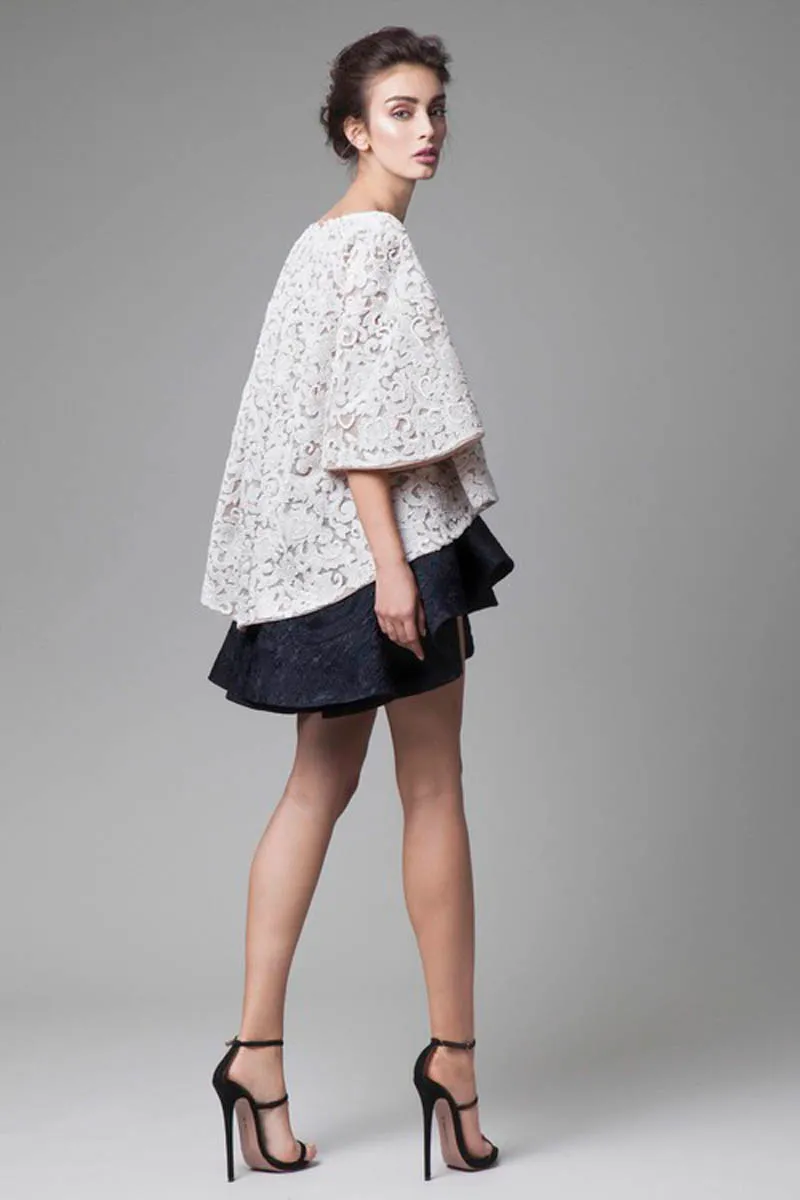 Klassisk svartvit formell klänning enkel design topp tutu kort kjol 3d applikation halva ärm prom klänning couture klänning kväll d8200174