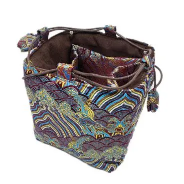 Wave Patterns Multi Grid Jewelry Gift Bag Drawstring Silk Brocade Square Bottom Packaging Beads Bracelet Necklace Tea Cup Storage Pouches