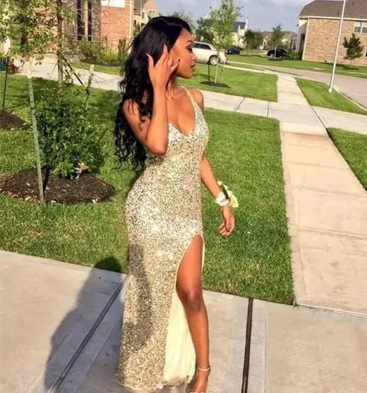 Sexy Gold Cekiny Arabskie Prom Party Dresses V Neck High Slit Syrenka Backless Plus Rozmiar Tanie African Evening Wear Suknie Prawdziwe zdjęcie