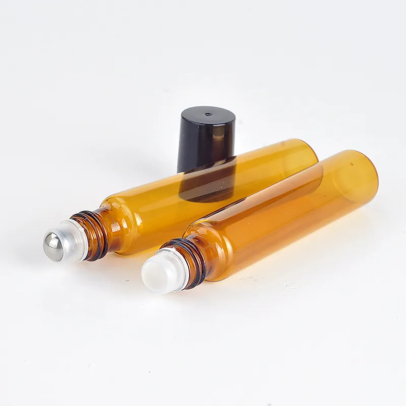 Parfymflaskor Refillerbar Amber 10ml Roll On Fragrance Glasflaskor Essential Oljeflaska Stål Metall Roller Ball B702