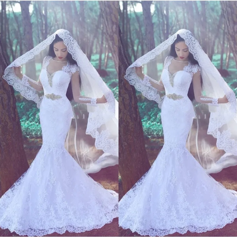 Splendidi 2017 abiti da sposa a sirena in pizzo con collo trasparente e illusione sexy maniche lunghe con perline e abiti da sposa lunghi su misura Cina EN8179