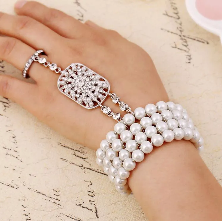 In Stock Ready to ship wedding accessory crystal Bridal Bracelet with ring hand chain342O