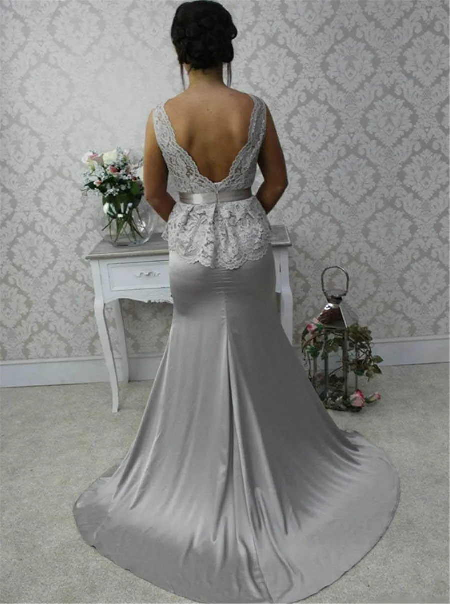 Elegant Scalloped-Edge Sweep Train Sheath Silver Bridesmaid Dress Lace Top with Bow Sash Customized Made Party Formal Dresses