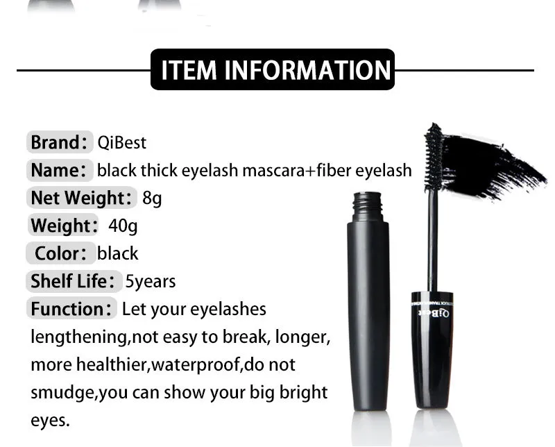 Qibest 3D Fiber Lashes Mascara Black Eyelashes Gel de transplantation et fibres naturelles Meilleur ensemble de maquillage épais Maquillage Mascara