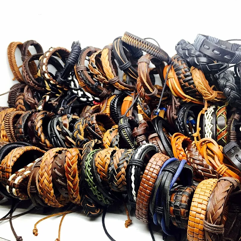 interi 100 pezzi / lotto mix stili fatti a mano nero marrone da uomo vintage in vera pelle surfer gioielli polsino bracelets307a