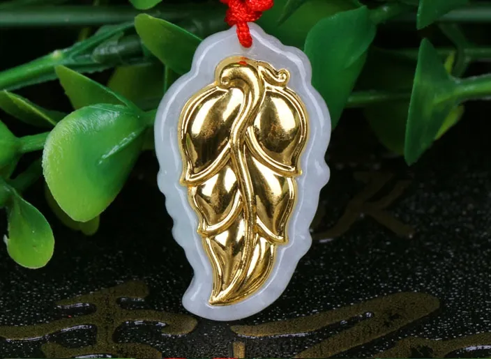 Folha de jade incrustada de ouro () conjunto de grande jadeite pingente de pingente de colar militar de jade