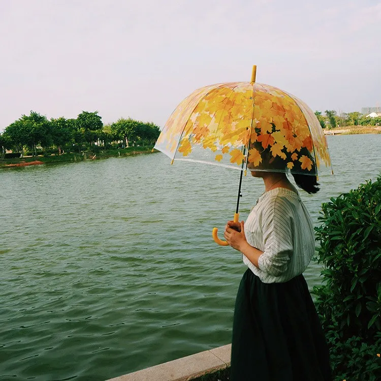 Simanfei Maple Leaf Leaves Cage Umbrella Transparent Rainny Sunny Umbrella Parasol Cute Umbrella Women Cute Clear Apollo Princess