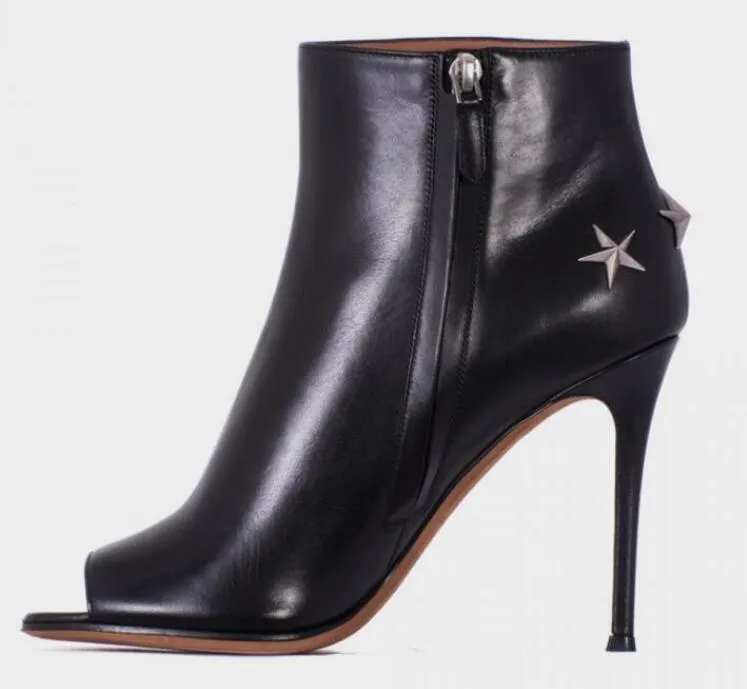 Zwart Glad Lederen Vrouwen Open Teen Enkellaarzen Metalen Stars Booties Terug Dames Hoge hak Laarzen Rits Zijde Vrouwelijke Herfst Mode Laarzen