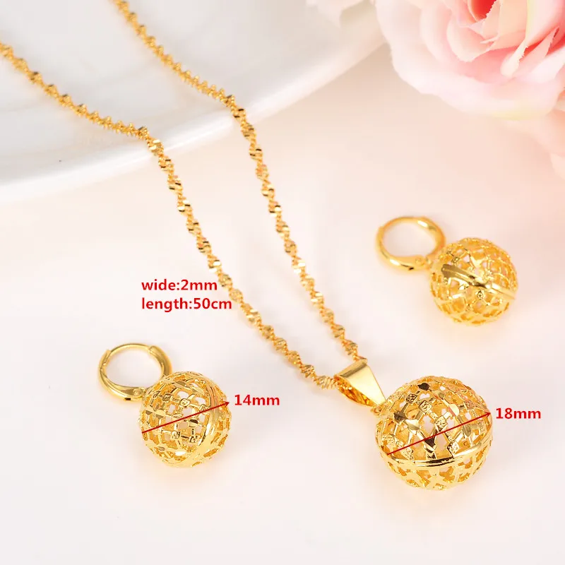 Round Ball Pendant Necklace chain Earrings sets Jewelry 24k Real Yellow Fine Gold GF Bead Necklaces sets for women FREE SHIPPING