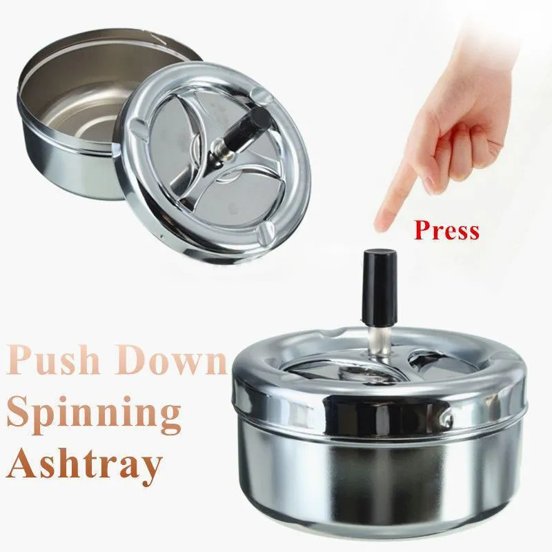 Funky Spinning Ashtrays Stainless Steel Ashtray Spinning Plain Cigarette Ash Tray Push Down Lid Smoking Accessories