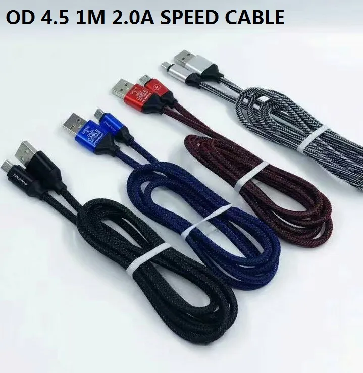 1m 3ft 2.0a Speedladd Od4.5 Metal Adatper Fish Bone Micro USB-kabel Nylon flätad ledning Tråd för telefon / parti