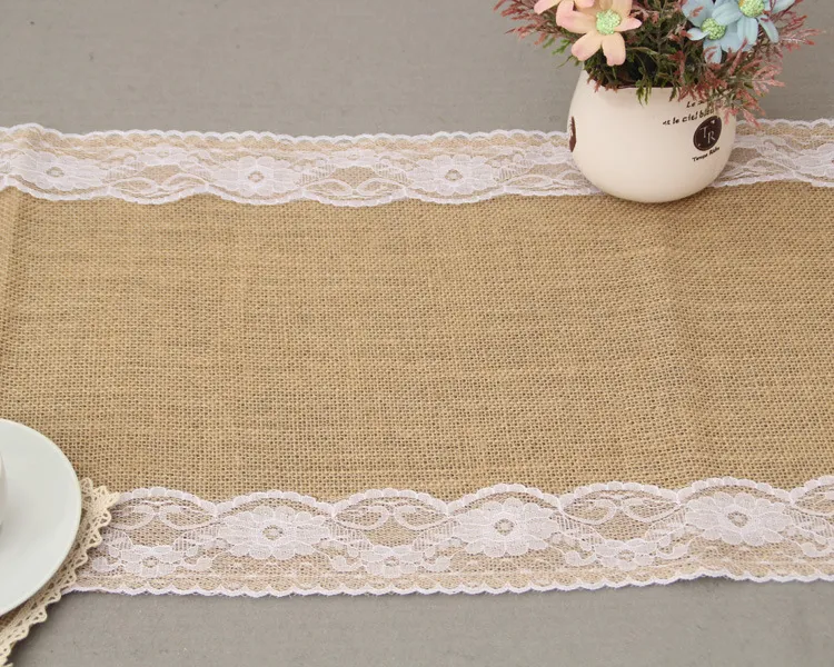 20st 30cm * 275cm Vintage Burlap Lace Hessian Table Runner Natural Jute Country Wedding Bankett Party Home Decoration