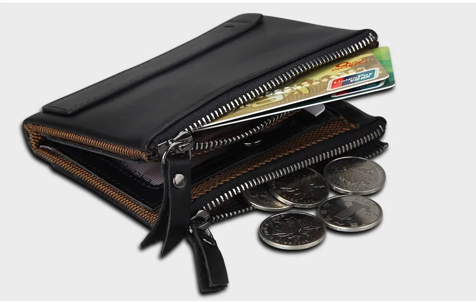 Crazy Horse Leather Rfid Blocking Wallet for Credit Cards Holder High Quality Double Zipper Designer Coin Purse 2017 Trend Men's Money Bag