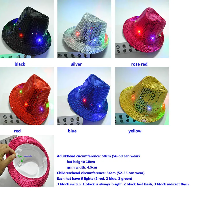LED 파티 모자 화려한 카우보이 재즈 스팽글 모자 모자 깜박이는 어린이 성인 유니스 페스 페스티벌 코스 플레이 의상 모자 선물 6 색 wx-c19