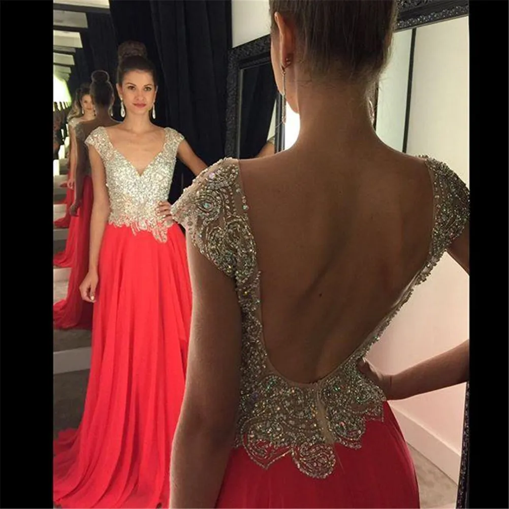 Gorgeous Crystal Open Back Evening Dress Cap Sleeve Long Chiffon Prom Gown V-neck Red vestidos de fiesta cortos