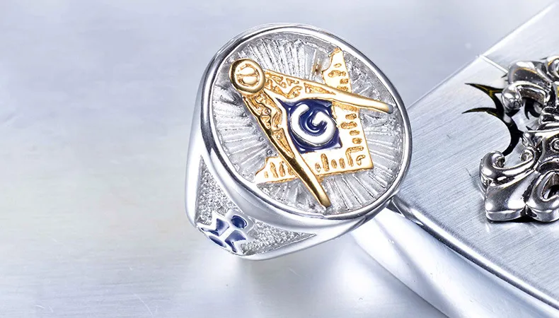 New Gold Silver Masonic Ring Stainless Steel Blue Enamel Freemason Jewelry Free mason Signet Ring jewel for men Wholesale