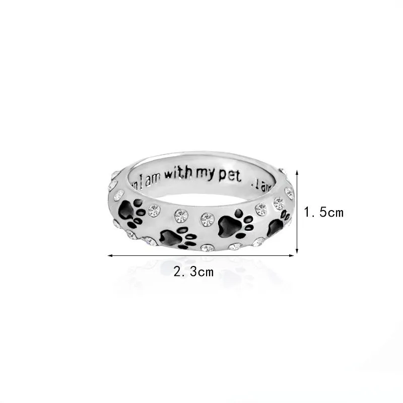 Fashion Metal Rhinestone Hand Stamped Paw Print"when I am with my pet"Dog Animal Pet Rings Foot Print Pet