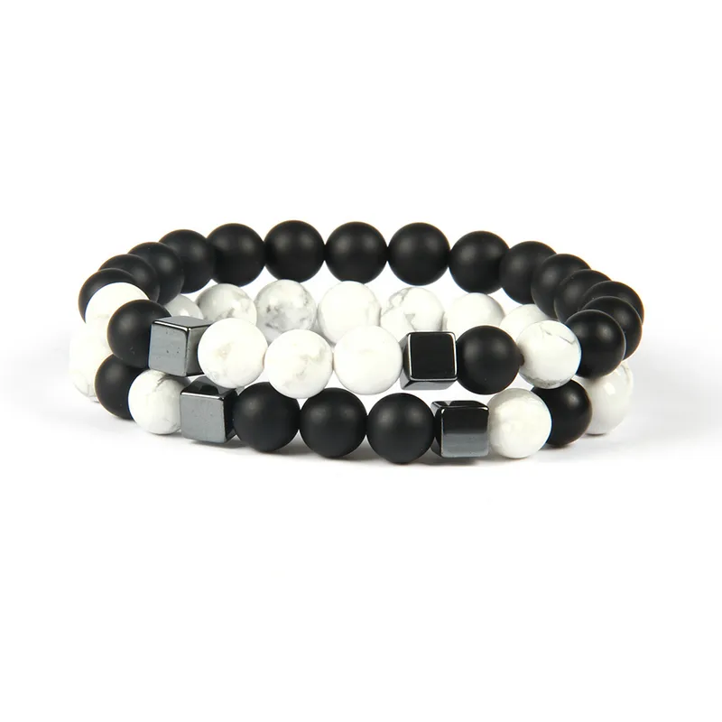 Mens Jewelry Wholesale 10pcs/lot 8mm Best Quality Matte Agate & White Howlite Marble Stone Square Beaded Bracelets for men