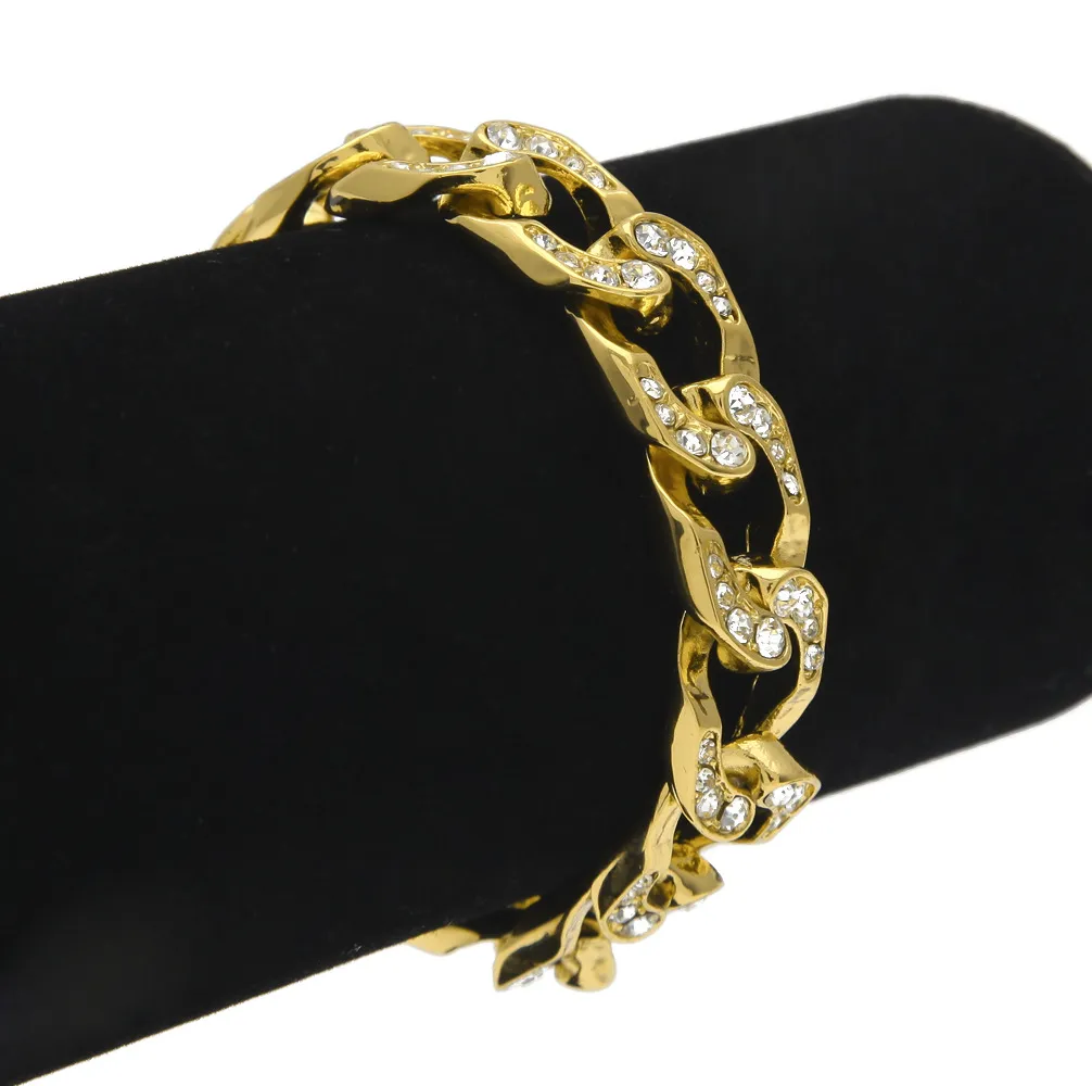 HipHop luxe simulé diamant Bracelets pour hommes de haute qualité argent plaqué or glacé Miami Bracelet cubain