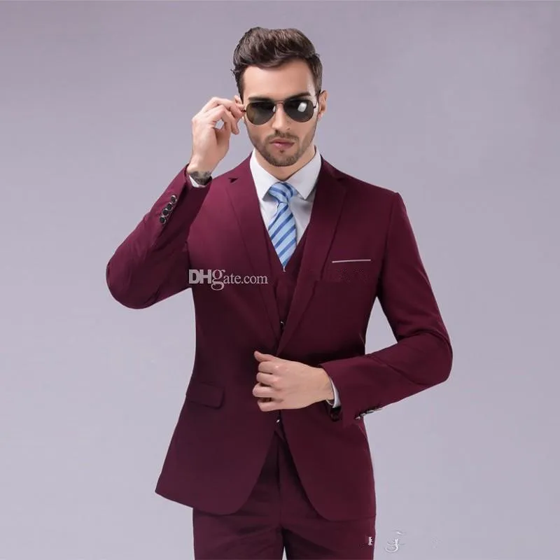 Geri Vent Bordo Notch Yaka Damat Smokin Groomsmen Mens Düğün Smokin Giyim Balo Suits (Ceket + Pantolon + Yelek + Kravat) NO: 1189